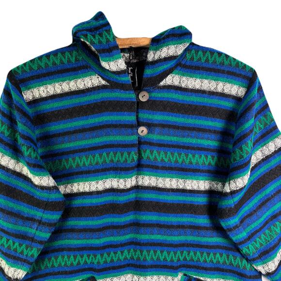 SACRED THREADS Hooded/Multicolored Striped/Fringe Hem Mexican Poncho Size S - Picture 2 of 10